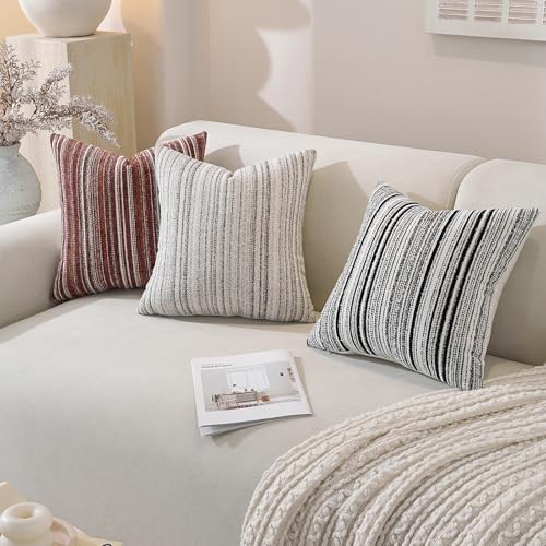 QDTTSRY Chenille Throw Decorative Pillow Covers 20x20 Set of 2, Textured Striped Boho Couch Pillow Covers, Cozy Neutral Fa...
