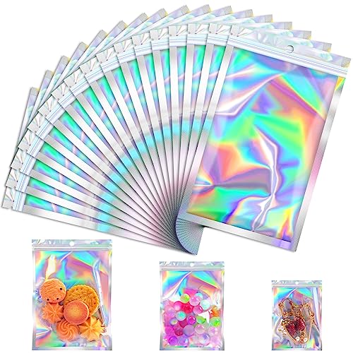 JETMORE 100 Pcs Holographic Mylar Bags, Smell Proof & Resealable Bag for Small Business, Foil Freshie Bags for Treat,Jewel...