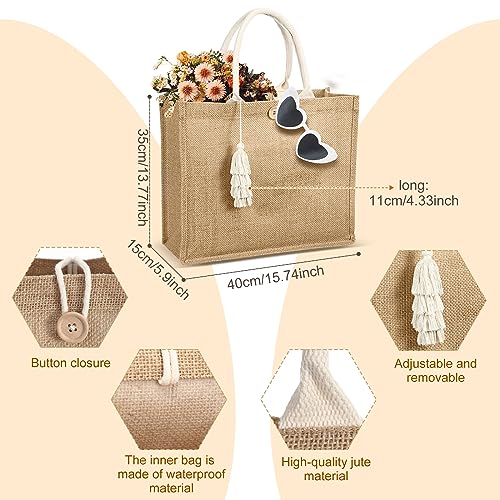 Woanger 4 Pack Burlap Tote Bags for Women Bridesmaid Jute Gift Bag with Handles and Tassels Reusable Grocery Bags for Wedding