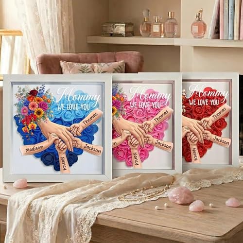 Custom Mom Flower Shadow Box with Kids Names, Personalized Mommy Holding Hands Shadow Box Frame, Light Up Floral Flower He...