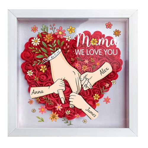 Personalized Mom Flower Shadow Box with Hands & Kids Names, - Customized Rose Frame Gift for Mom Grandma, Unique Mother's ...