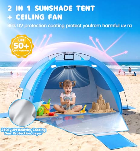 Dsquu Baby Beach Tent Solar Cooling Fan, Anti-UV Toddler Beach Tent Sun Shelter Portable Travel Fan Beach Shade Tent, Baby...