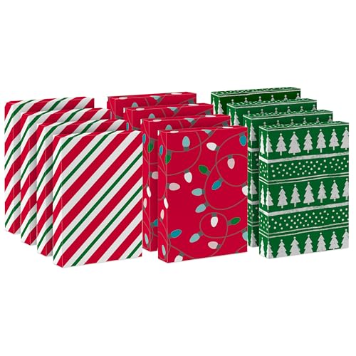 Hallmark Medium Christmas Gift Boxes with Lids (12 Shirt Boxes, 3 Designs: Lights, Trees, Red and Green Stripes) for Chris...