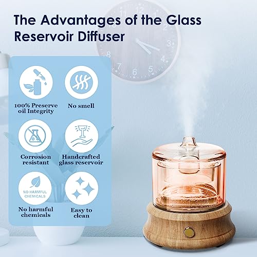Lecdura Glass Essential Oil Diffuser, 80ML Small Glass Reservoir Natural Wood Base Ultrasonic Cool Mist Aroma Diffusers wi...