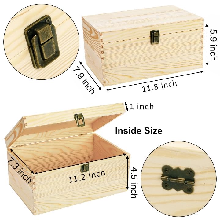 yarlung Unfinished Wooden Box with Hinged Lid, 12 x 8 x 6 Inch Large Memory Box for Crafts, Unpainted DIY Gifts Box for Je...