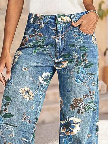 Flamingals High-Rise Vintage Floral Straight Leg Pants for Women Summer Casual Denim Pants