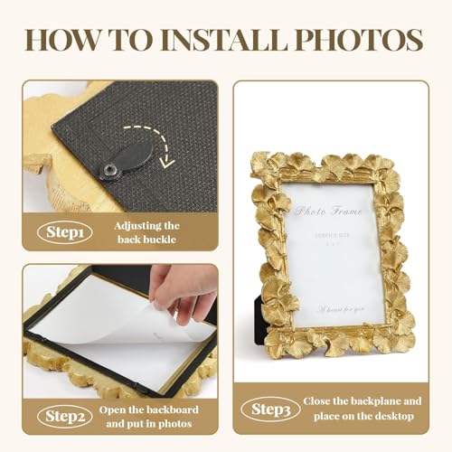 Cuspin 5x7 Picture Frame, Vintage Ornate Gold Resin Frame with Glass Front, Ginkgo Leaf Textured Photo Frame for Wall Hang...