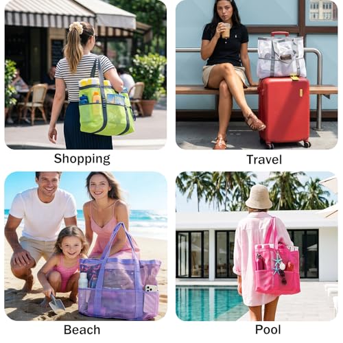 JOYPICKS Mesh Beach Bag-Large Beach Tote for Women with Zipper Pocket, pool cruise travel swim, Toys & Vacation Essentials