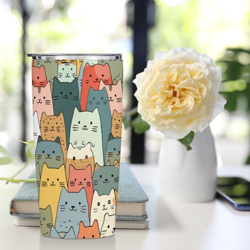 Cute Cat 20 oz Tumbler, Funny Cats Stainless Steel Insulated Water Bottle, Cats Themed Insulated Travel Coffee Mugs, Cat L...