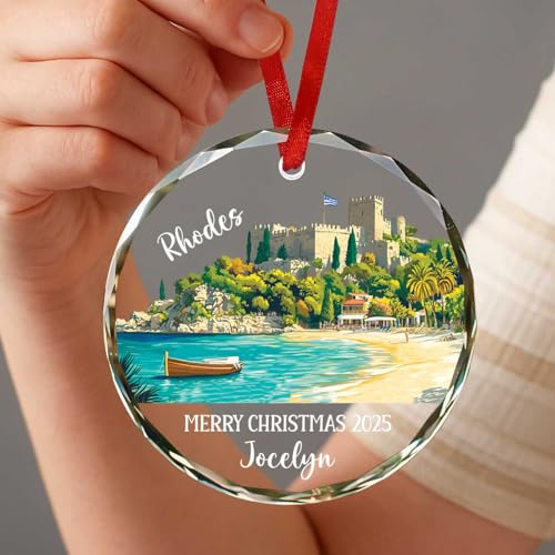 Greece Rhodes Beach Xmas Glass Ornament, City Travel Souvenir Collection Keepsake Gifts, Custom Text & Name Travel Enthusi...