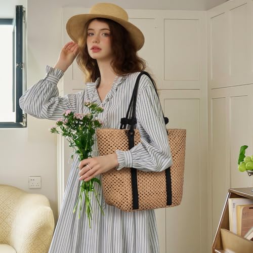 Straw Bags For Women, Crochet Beach Bag Large Woven Shoulder Purse Handbag, Beach Tote Straw Bag for Summer Vacation