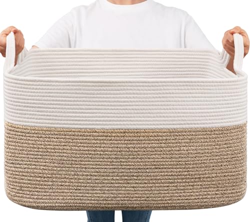 Goodpick Large Woven Blanket Basket, 21.6" x 14.9" x 11.8" Storage Baskets for Organizing, Rectangle Cotton Rope Toy Baske...