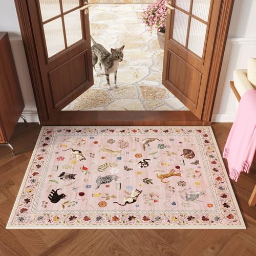 Rugcomf Door Mat Indoor Entrance 2x3 Rug Machine Washable Boho Floral Animal Cat Small Area Rug Non-Slip Low Pile Throw Ru...