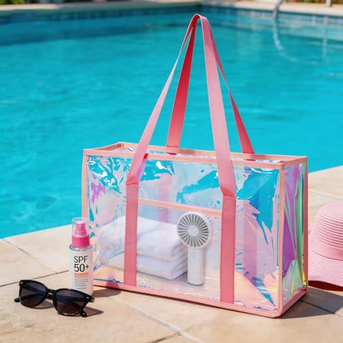 Cyrelwing 3PCS Iridescent Beach Tote Bag for Women Large Waterproof Beach Tote Bag for Swim Pool Summer Travel Vacation
