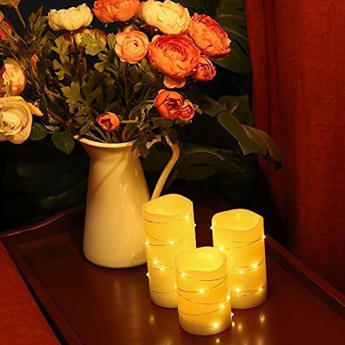 H-BLOSSOM Flickering Flameless Candles Ivory Real Wax Pillar with Embedded String Lights LED Candles Battery Operated with...