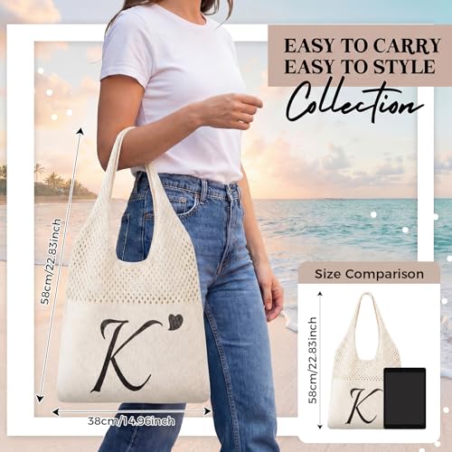 Shinylin Personalized Crochet Tote Bag for Beach Women Beige Mesh Knit Shoulder Bag Boho Aesthetic Tote for Women