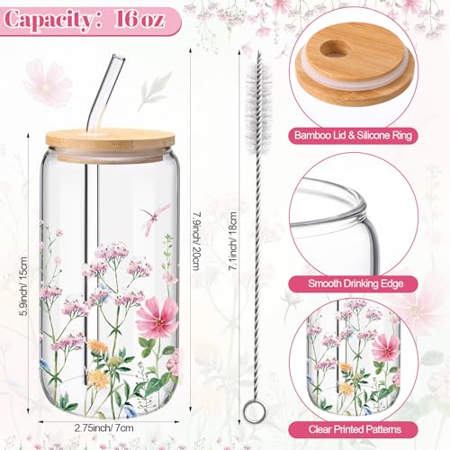 Hushee 20 Pcs Wildflower Party Favors Set 16oz Floral Glass Cups Clear Gift Bags Makeup Bags Flower Keychains for Bridesma...