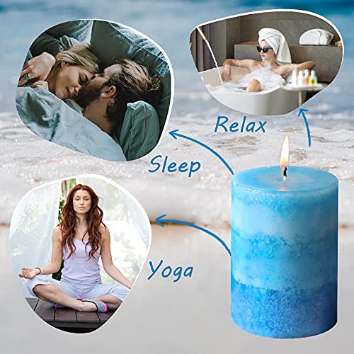 3x4 Inche Pillar Candles Ocean Scented Aromatherapy Candles Long Lasting Burn Blue Mottled 3-Layered Candles for Home Scen...