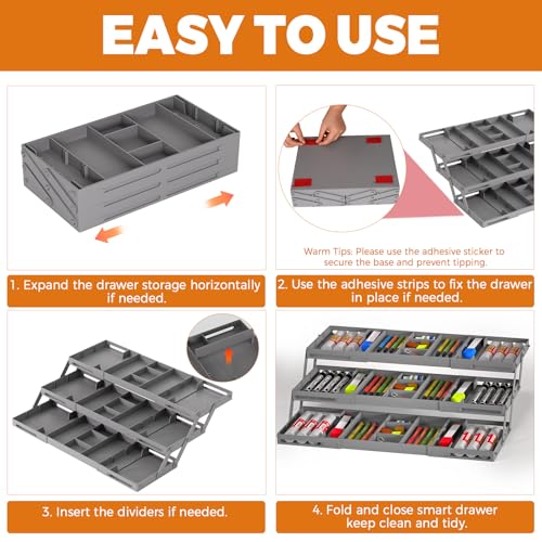 3 Tier Drawer Organizer - Expandable Junk Drawer Organizers Smart Office Supply Organizer, Folding Drawer Storage Multi-le...
