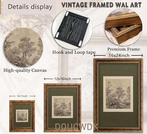 Vintage Gold Framed Wall Art Tree Forest Landscape Painting Canvas Prints Green Gray Tree Natural Sketch Picture Rustic Fa...