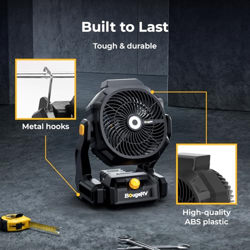 BougeRV Battery Powered Fan 755 CFM Cordless Table Fan with 8A 144Wh Removable Battery Metal Hooks AC/DC Supply USB Port L...