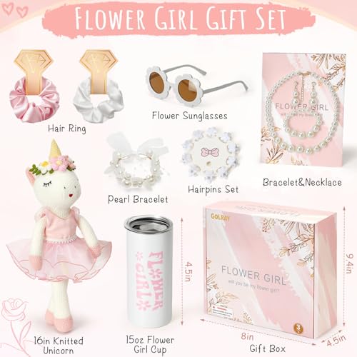 Golray Flower Girl Proposal Gifts Set, Will You Be My Flower Girl Gift with 16in Knitted Unicorn/ 15oz Cup/Floral Sunglass...