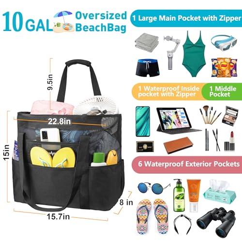 ZUXNZUX Mesh Beach Bag - Large Waterproof Beach Tote Bag with Zipper, Oversized Foldable Lightweight Family Swim Bag Vacation