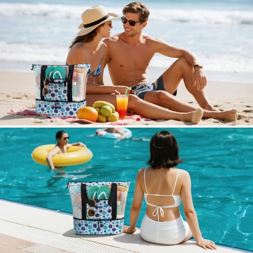 ASL Mesh Beach Bag with Cooler Compartment for Women, 2-in-1 Print Travel Tote 30L with Zipper and Pockets, Pool Picnic
