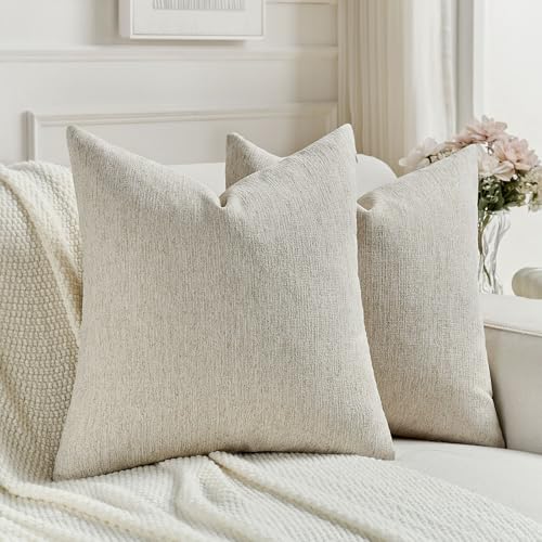FUTEI Natural Linen Chenille Decorative Throw Pillow Covers 18x18 Inch Set of 2,Soft Cozy Faux Linen Textured Cushion Cas...