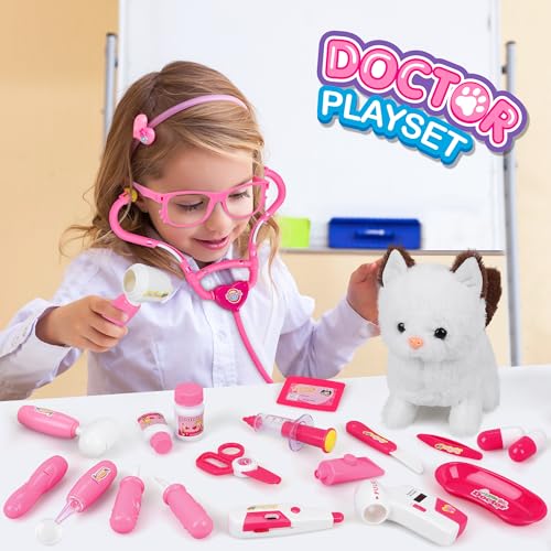 33Pcs Pet Doctor Kit for Toddlers - Dress Up Costume & Pretend Doctor Play Set with Cat Toy, Stethoscope, Portable Pet Vet...