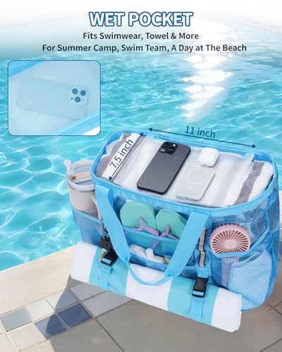 WANDF Mesh Beach Bag for Women, Large Beach Tote Bags with 40oz Tumbler Side Pockets, Family Pool Bag for Swim Toys Towels...