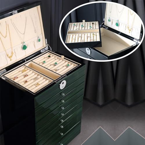 SYENS Wooden Jewelry Box Fingerprint Lockable 9-Layers Extra Large Capacity Jewelry Cabinet for Necklace/Rings/Pendants/Br...