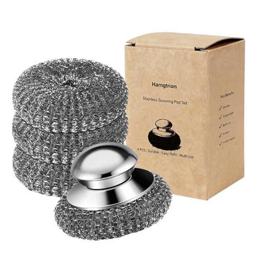Steel Wool Scrubber, 4-Pack Stainless Steel Scrubber Pads with Handle - The Ultimate Scouring Solution for Rust, Stubborn ...