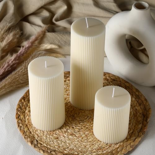 Conelist Ribbed Pillar Candles Set of 3, Width 3" High 4" 6" 8" Large Soy Wax Orchids Scented Pillar Candles Aesthetic Rib...