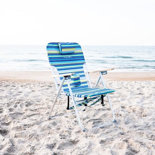 CARIBBEAN JOE Folding Beach Chair, 4 Position Portable Backpack Foldable Camping Chair with Headrest, Cup Holder, and Wood...