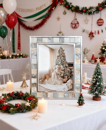 GIFTME 5 Silver Plate Picture Frame 5x7 Mother of Pearl 5 by 7 Photo Frame Mosaic Glass Tabletop Frame (Grey+ White,1pc)