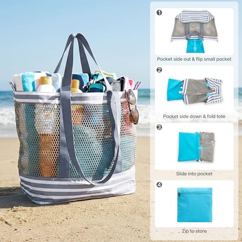 G4Free Mesh Beach Bags for Women Men Extra Large Packable Beach Tote Bag Reversible Travel Pool Shopping