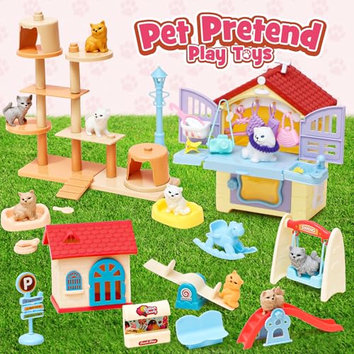 Golray 66Pcs Cat Toys for Kids Girls, 3 In 1 Pet Pretend Play Toys with 9 Cat Figurine/DIY Cat Tree/Beauty House/Playgroun...