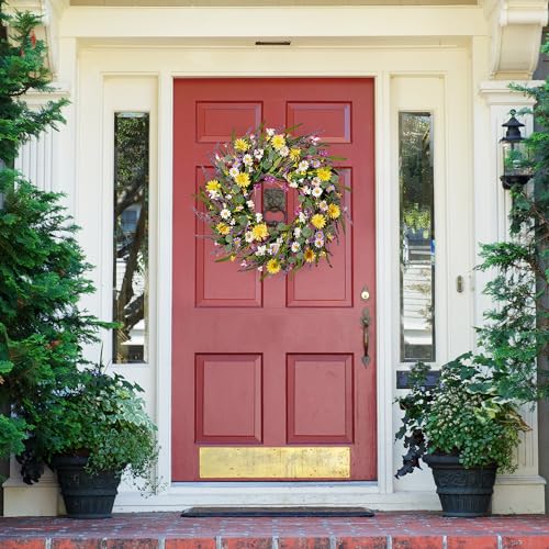 Sggvecsy Daisy and Lavender Wreath 24’’ Wildflower Wreath Spring and Summer Artificial Spring Silk Summer for Front Door H...