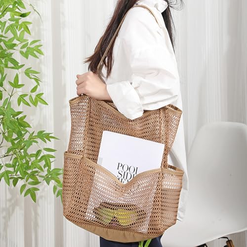 BESSKON Large Beach Bags for Women, Mesh Beach Tote with Zipper, Foldable Pool Tote Bag Travel Beachbag Waterproof Sandproof