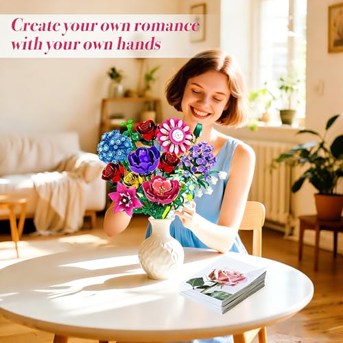 Rongmeiz Mother's Day Flower Bouquet Building Set, 1020 PCS Botanical Collection Building Block Toy, Rose Flowers Plant Ho...