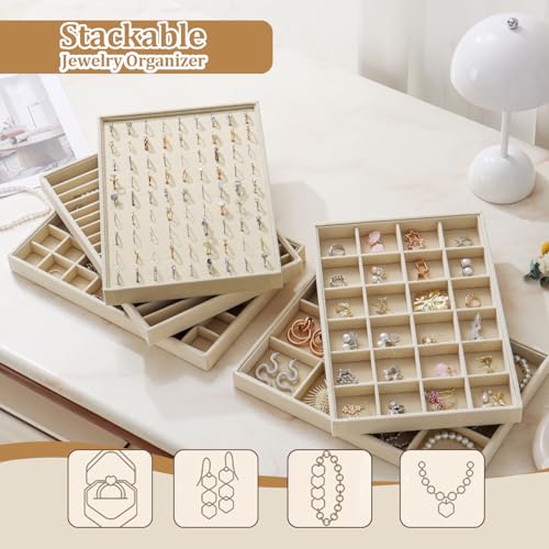 KATISYIO Large Velvet Jewelry Tray 2 Pack Stackable Jewelry Display Drawer Inserts Trays Organizer for Earring Bracelet Ne...