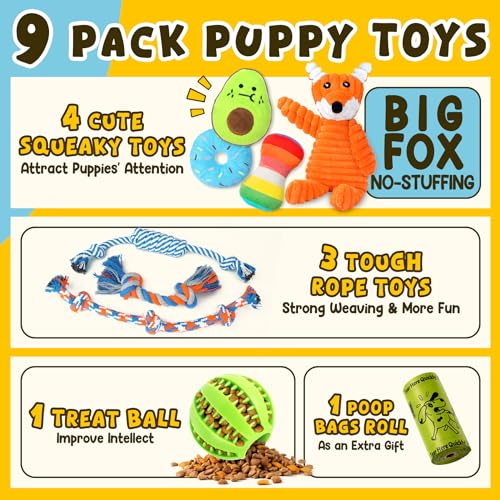 Zeaxuie 9 Pack Luxury Puppy Toys for Teething Small Dogs, Puppy Chew Toys with Cute Squeaky Dog Toys, Ball and More Rope D...