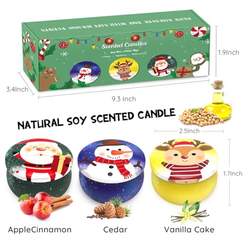 Set of 3 Small Christmas Soy Wax Scented Candles Gift Set for Women, Santa Claus Snowman and Elk Deer with Apple&Cinnamon,...
