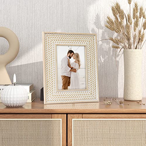 takfot Boho Picture Frames 5x7 Inch Rattan Decor Bohemian Rustic Style Carved Wood Photo Frame for Wall and Tabletop Gift ...
