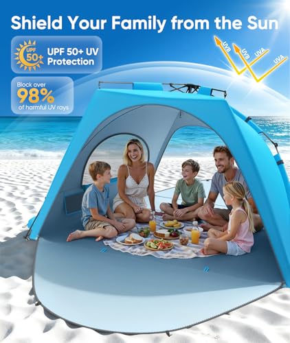 Raynesys Beach Tent Sun Shelter for 5-6 Person, Pop Up Beach Canopy, UPF 30+ UV Protection, Breathable Mesh Window, Portab...