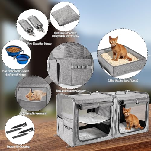 Suertree Large Cat Carrier for 2 Cats with Zipper Locks, Double Cat Carrier with Travel Litter Box, Soft Pet Travel Carrie...