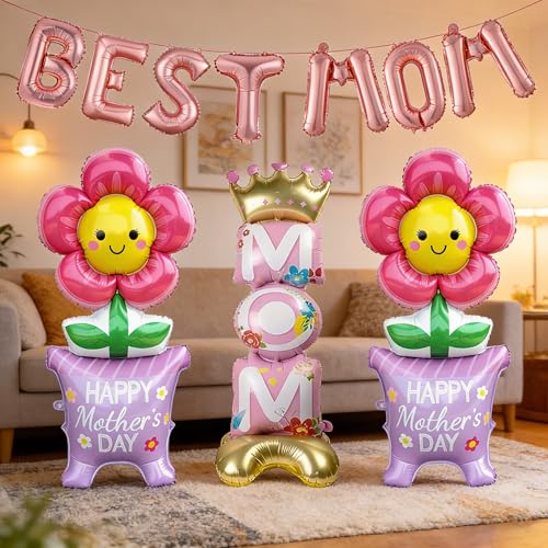 11Pcs Happy Mother's Day Balloons Set, 16Inch and 60Inch BEST MOM Large Standing Flower Foil Balloons for Mothers Day Cele...
