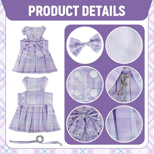 Yymobt Cute Plaid Dog Dress Clothes for Small Dogs Cats Girl Purple Plaid Dog Dress with Pearls Bow Tie Harness Leash for ...