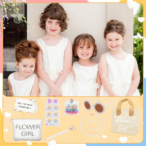 28Pcs Flower Girl Proposal Gift Set - 2 Bags Including Round Flower Sunglasses, Canvas Bag, Pearl Necklace, Bracelet, Hair...